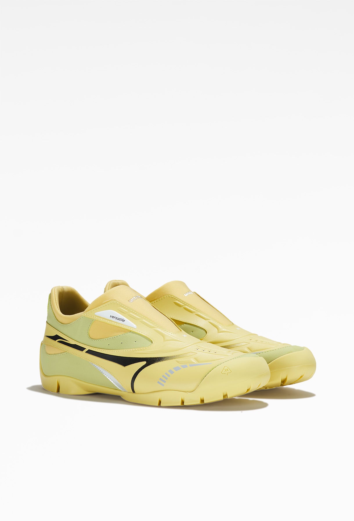 Untitlab - Yellow Swift Trek Slip On Sneakers, Sleek Design, White and Black Detailing, Flat Sole, Faux-Suede Accents, Subtle Brand Logo
